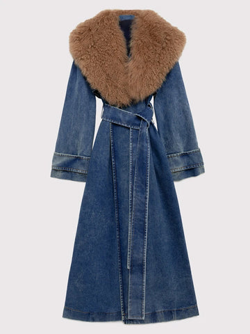 Women’s Long Denim Coat with Oversized Faux Fur Collar – Luxe 2025 Outerwear