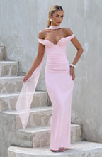 Blush Pink Off-Shoulder Scarf Maxi Dress