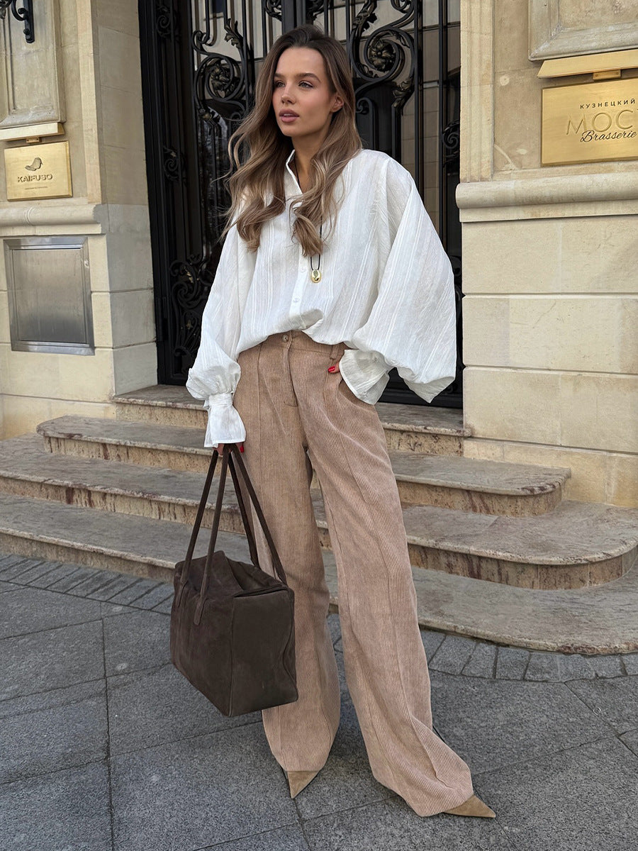 Peach Motel Corduroy Wide-Leg Pants – High-Waisted Neutral Trousers