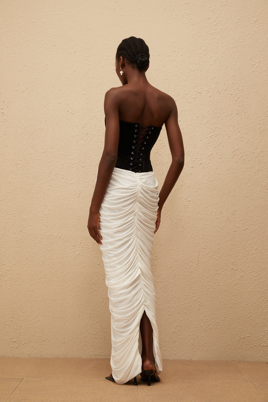 Strapless Black and White Corset Maxi Dress