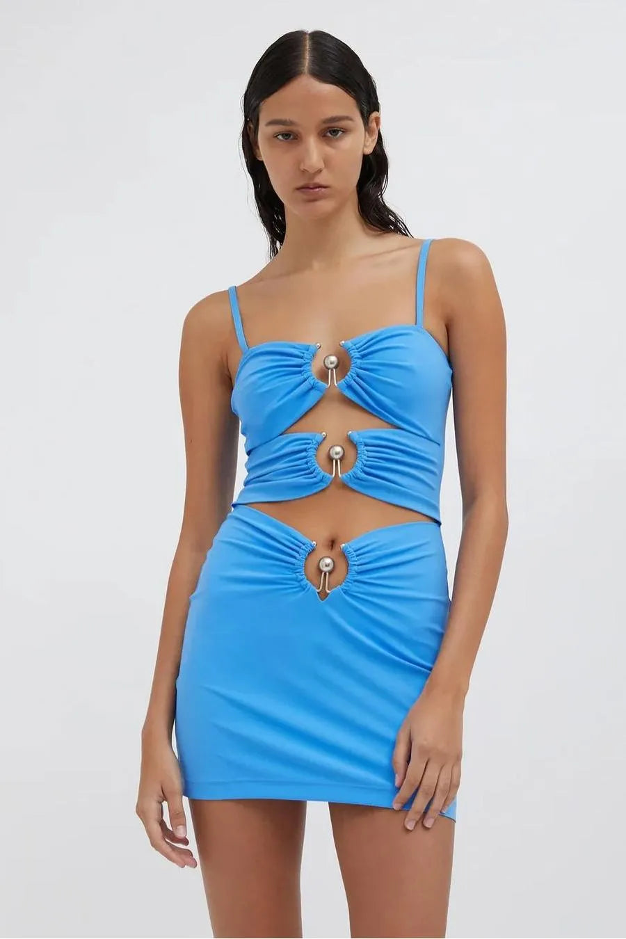 Electric Blue Cut-Out Mini Dress with Statement Ring Detailing