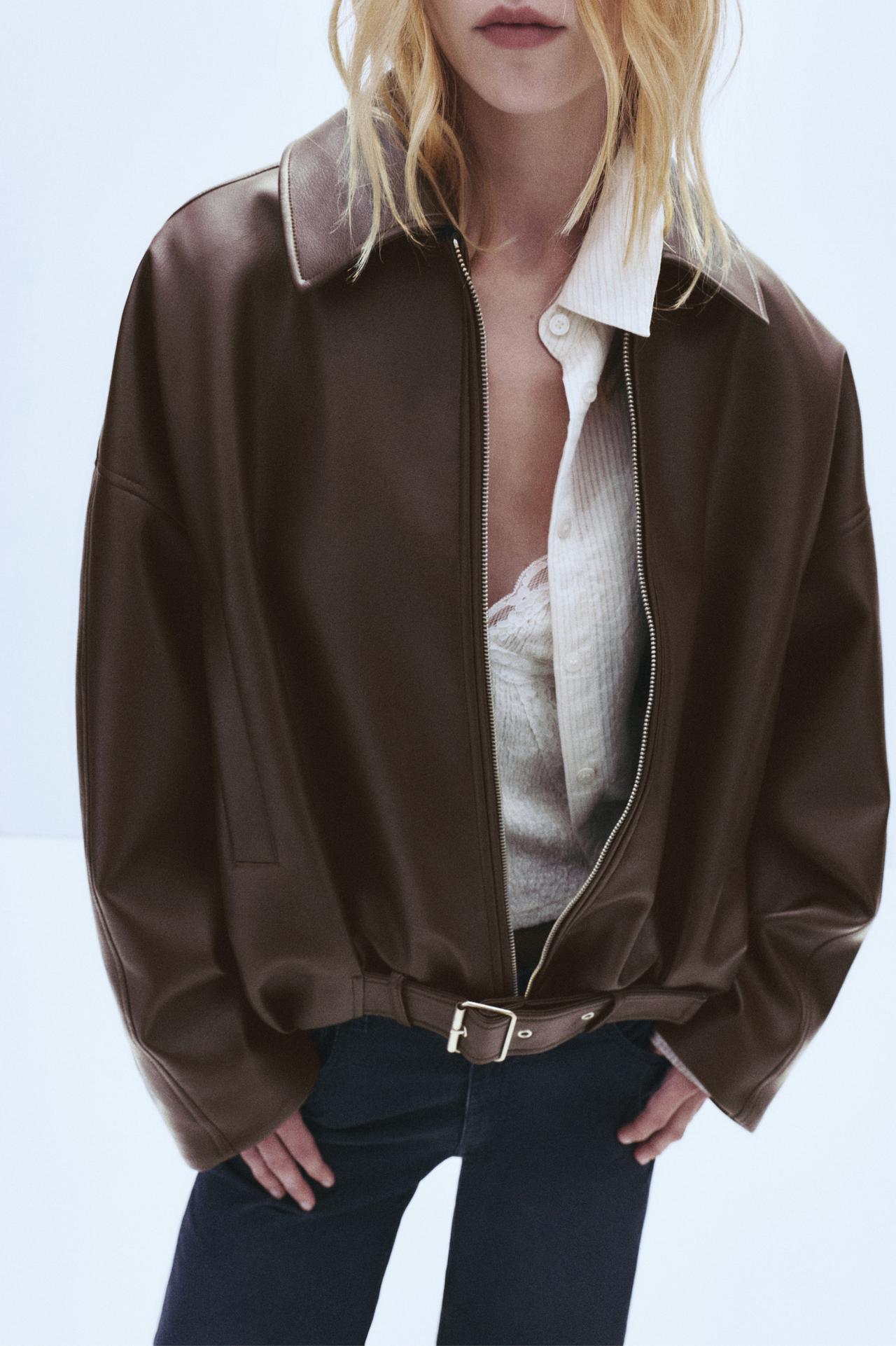 Peach Motel Oversized Belted Faux Leather Jacket – Brown