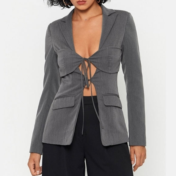 Women’s Gray Tie-Front Cropped Blazer with Cut-Out Detail – Modern 2025 Power Dressing