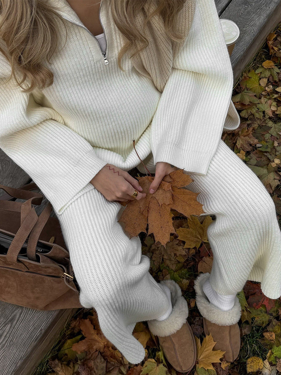Cozy Ribbed Knit Loungewear Set – Wide Leg Pants & Half-Zip Sweater