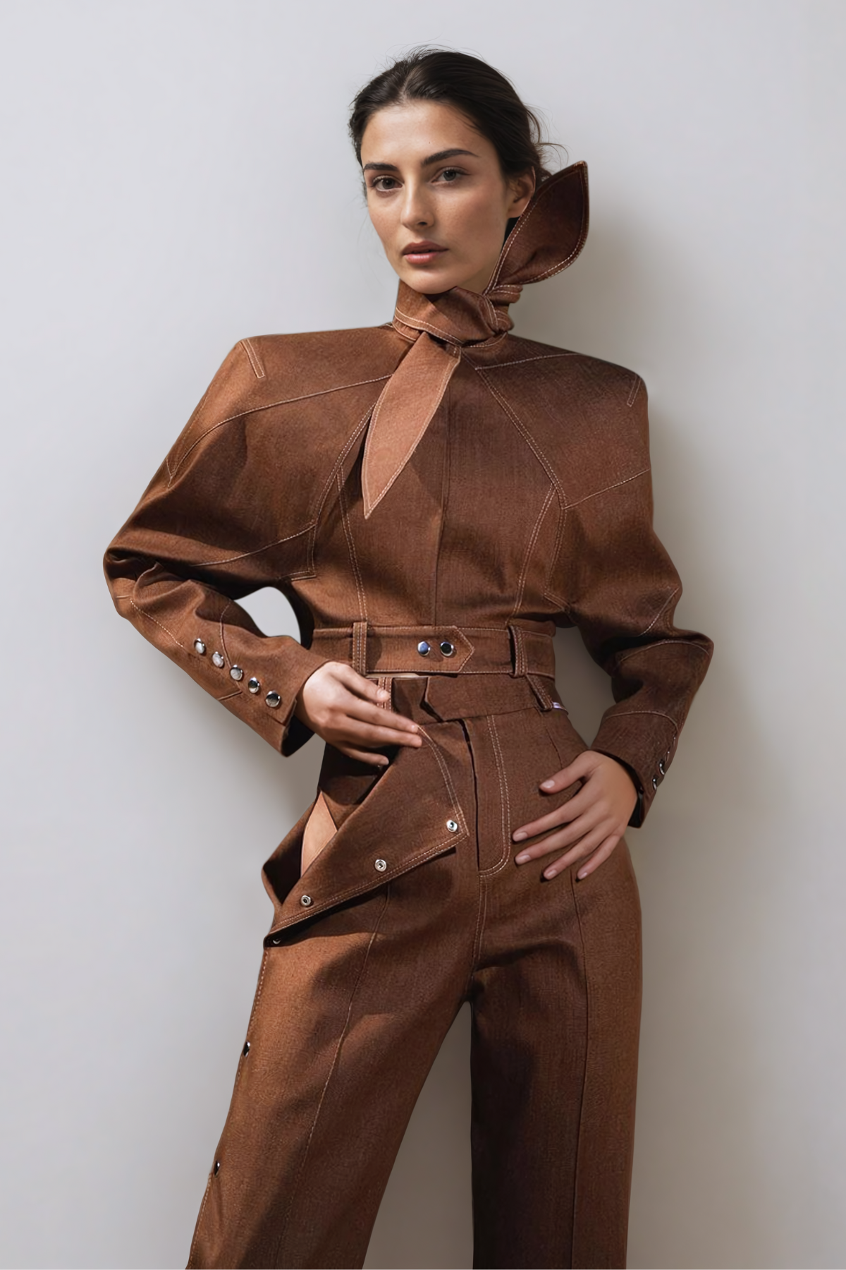 Women’s Brown Wide-Leg Pants with Side Button Detailing – Designer-Inspired 2025 Trend