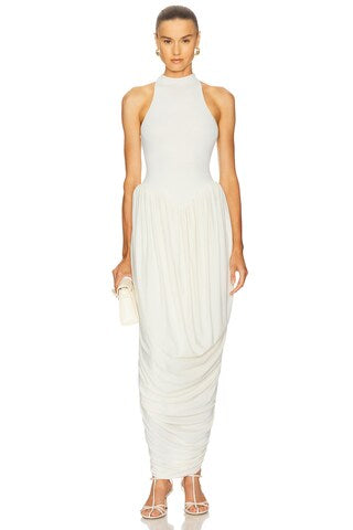 White High-Neck Ruched Maxi Dress
