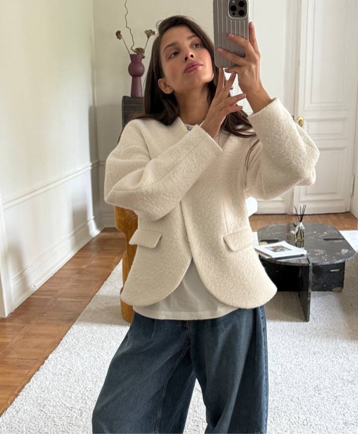 Cropped Wool-Blend Textured Jacket – Cream White