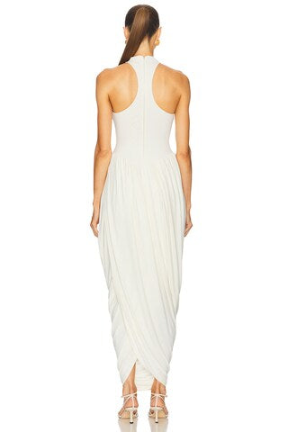 White High-Neck Ruched Maxi Dress