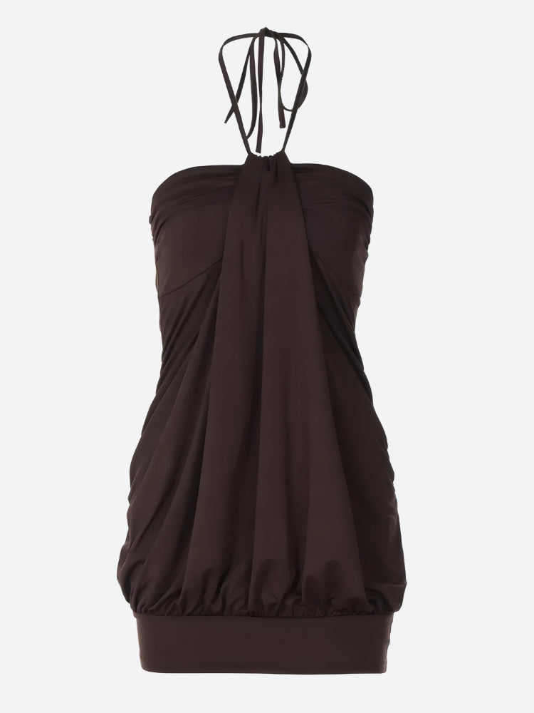 Chocolate Brown Halter Bubble-Hem Mini Dress | Draped Y2K Party Look