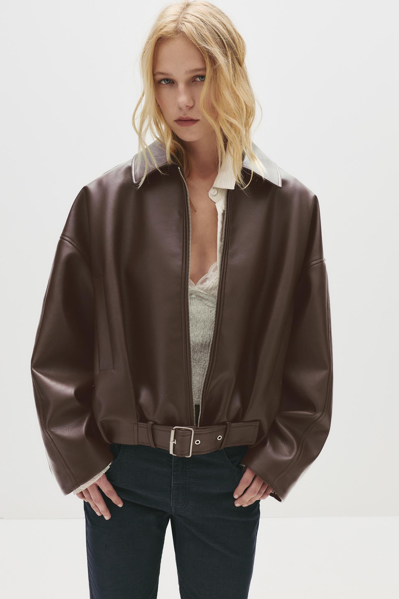 Peach Motel Oversized Belted Faux Leather Jacket – Brown