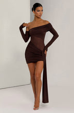 Chocolate Ruched Asymmetrical Maxi Dress