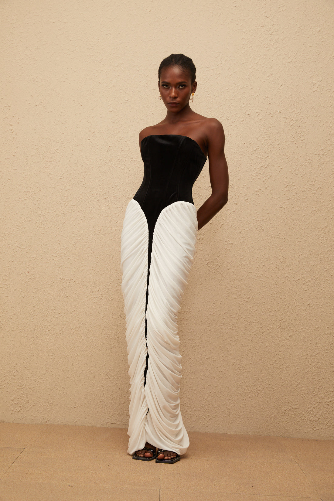Strapless Black and White Corset Maxi Dress