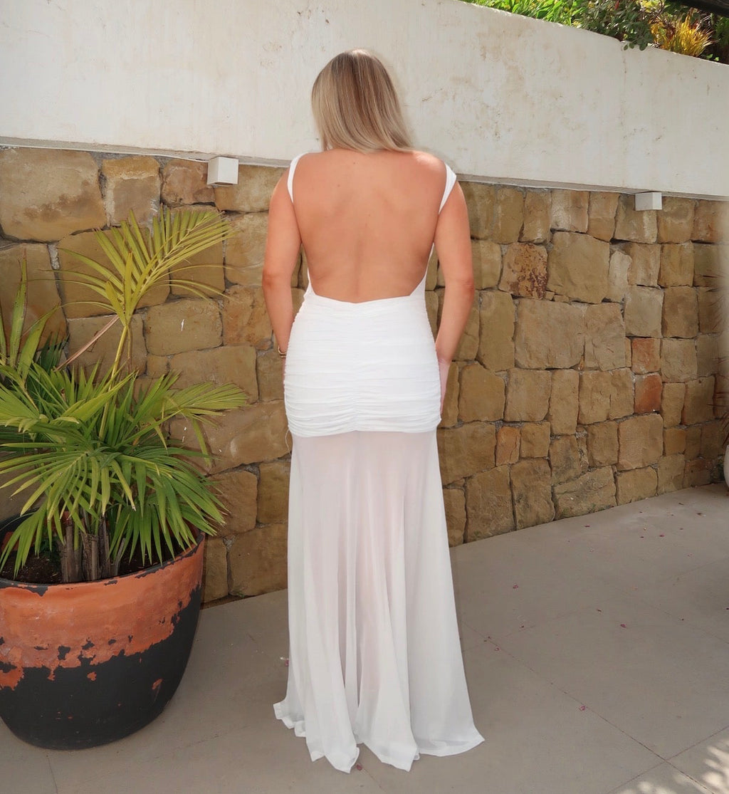 Ivory Sheer Panel Maxi Dress with Gold Brooch Detail – Elegant Boat Neck Ruched Evening Gown