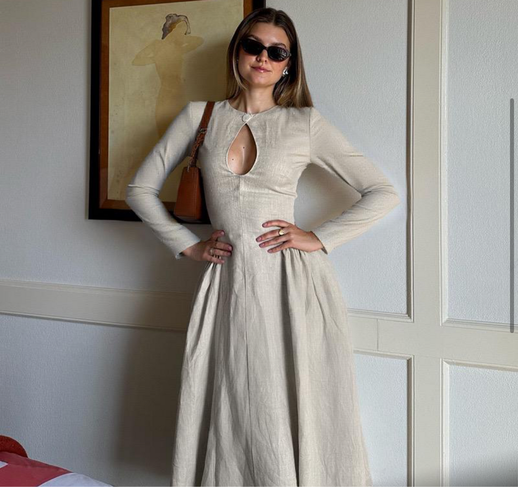 Black & Tan Brown Long-Sleeve Keyhole Midi Dress – Chic Day-to-Night Elegance | Peach Motel