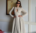 Black & Tan Brown Long-Sleeve Keyhole Midi Dress – Chic Day-to-Night Elegance | Peach Motel