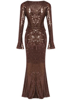 Bronze Sequin Two-Piece Set – Deep Plunge & Flared Skirt