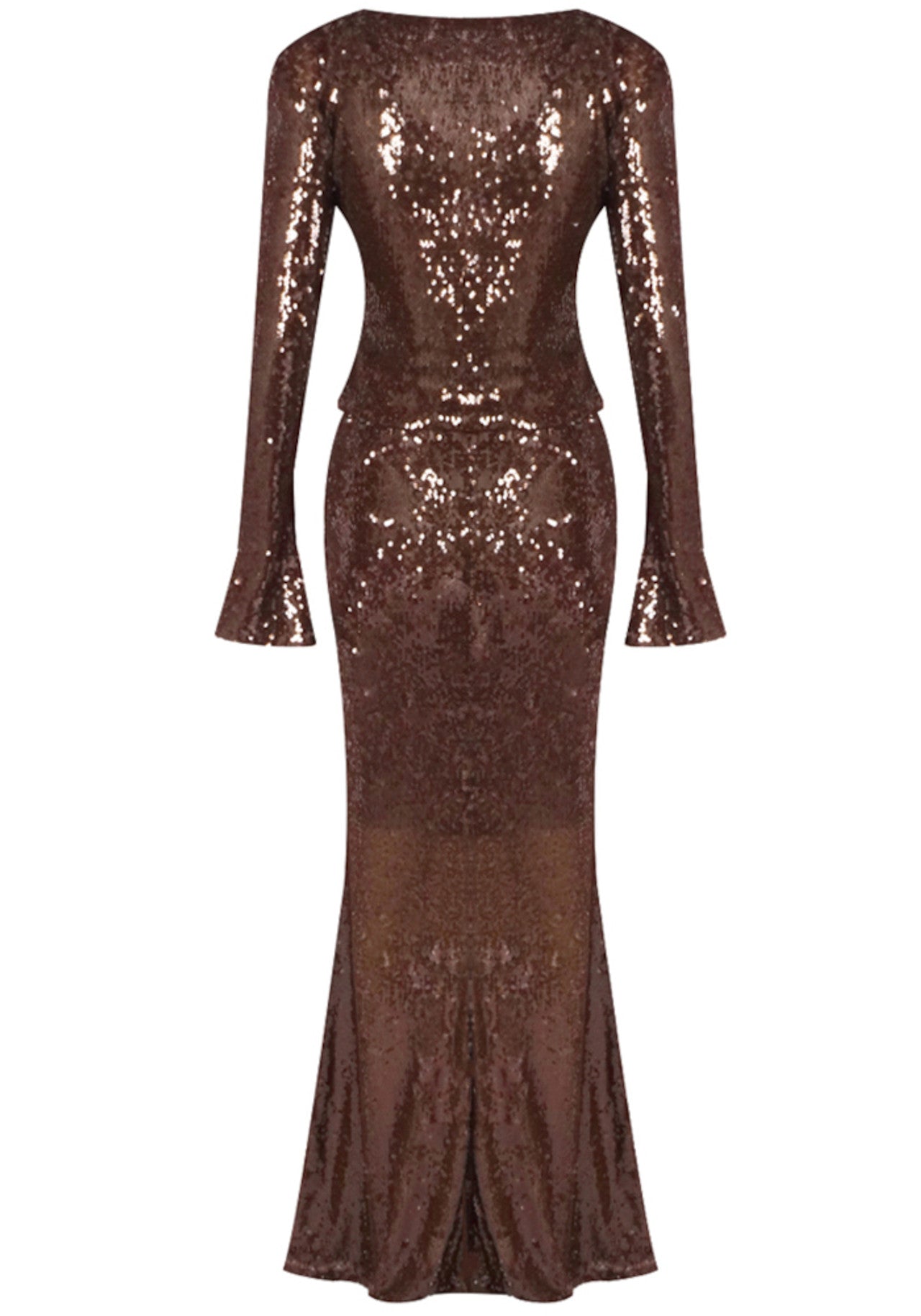 Bronze Sequin Two-Piece Set – Deep Plunge & Flared Skirt