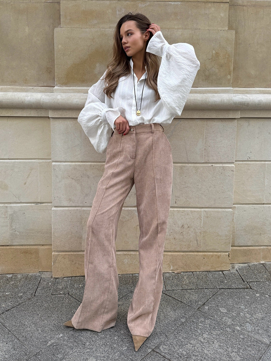 Peach Motel Corduroy Wide-Leg Pants – High-Waisted Neutral Trousers