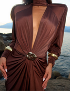 Peach Motel Deep Plunge Satin Maxi Dress – Chocolate Brown Evening Gown with High Slit
