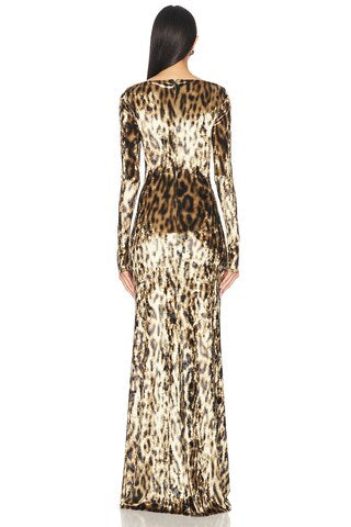 Velvet Leopard Print Maxi Dress | Long Sleeve Boat Neck Gown