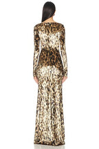 Velvet Leopard Print Maxi Dress | Long Sleeve Boat Neck Gown