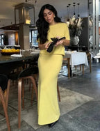 Lemon Knit Maxi Skirt & Top Co-Ord Set – Short Sleeve Sweater & Bodycon Skirt