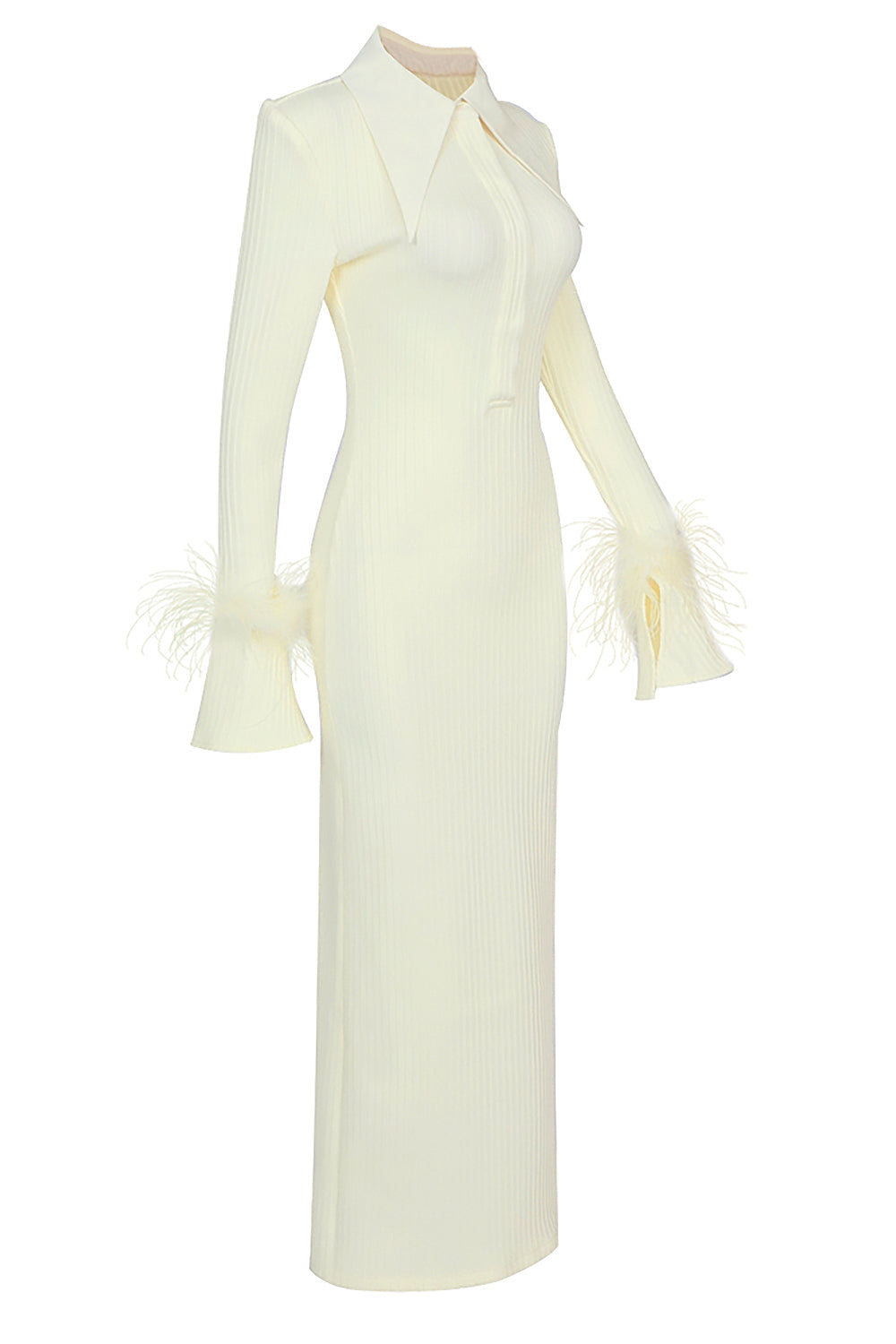 Luxury Ribbed Midi Dress with Feather Cuffs – Peach Motel