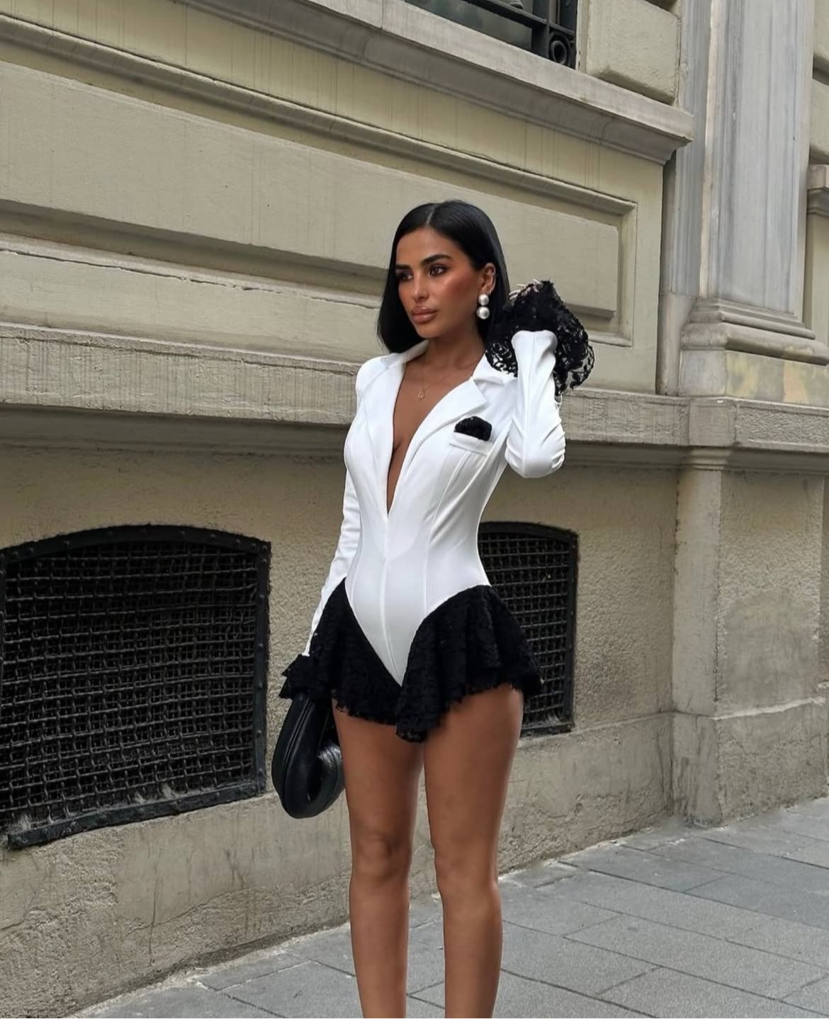 Women’s White Tuxedo-Inspired Lace Trim Bodysuit – Glamorous 2025 Eveningwear