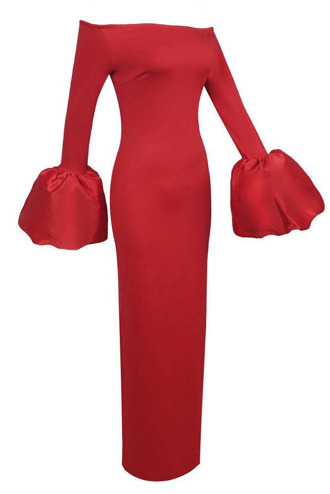 Luxury Off-Shoulder Red Gown with Statement Cuffs | Peach Motel