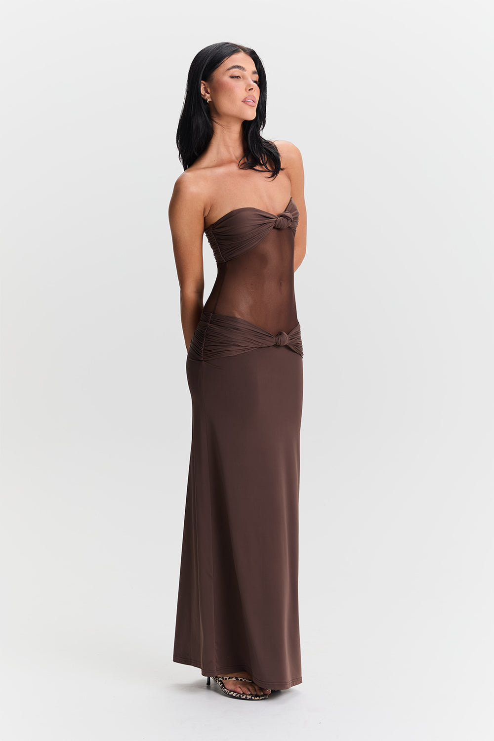 Chocolate Mesh Knot Detail Maxi Dress – Elegant Sheer Evening Gown