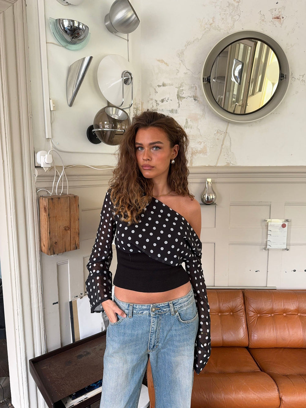 Polka Dot One-Shoulder Mesh Blouse – Chic Asymmetrical Statement Top | Peach Motel