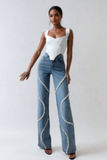 Peach Motel Crystal Wave High-Waist Flare Jeans – Statement Rhinestone Embellished Denim