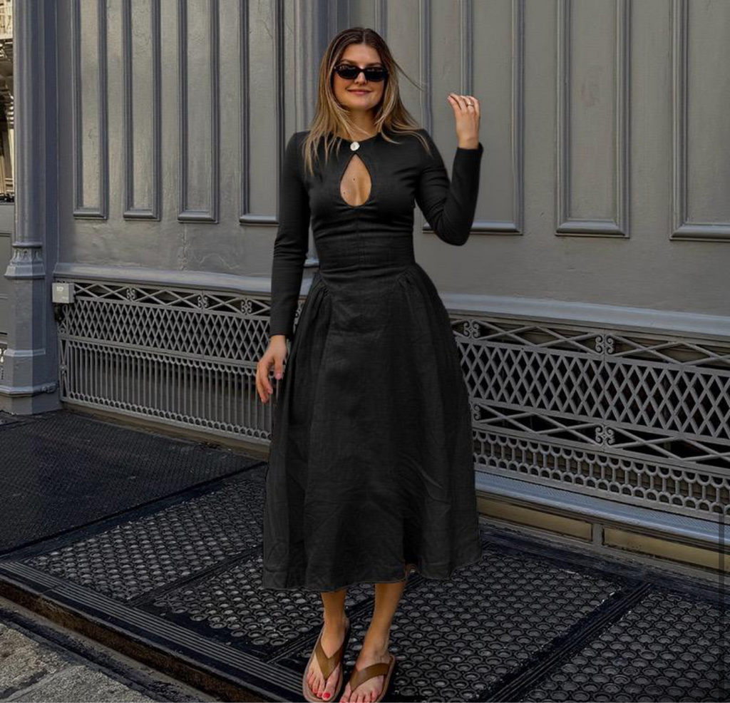Black & Tan Brown Long-Sleeve Keyhole Midi Dress – Chic Day-to-Night Elegance | Peach Motel