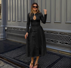 Black & Tan Brown Long-Sleeve Keyhole Midi Dress – Chic Day-to-Night Elegance | Peach Motel