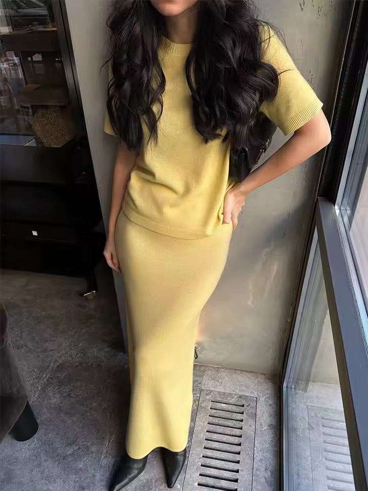 Lemon Knit Maxi Skirt & Top Co-Ord Set – Short Sleeve Sweater & Bodycon Skirt