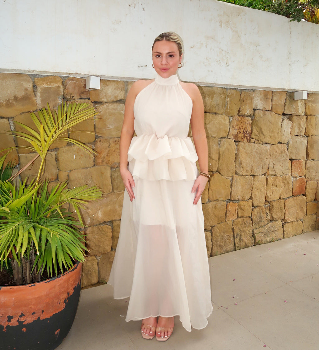Ivory Halter Ruffle Maxi Dress – Sheer Chiffon Skirt & Peplum Waist