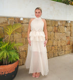 Ivory Halter Ruffle Maxi Dress – Sheer Chiffon Skirt & Peplum Waist