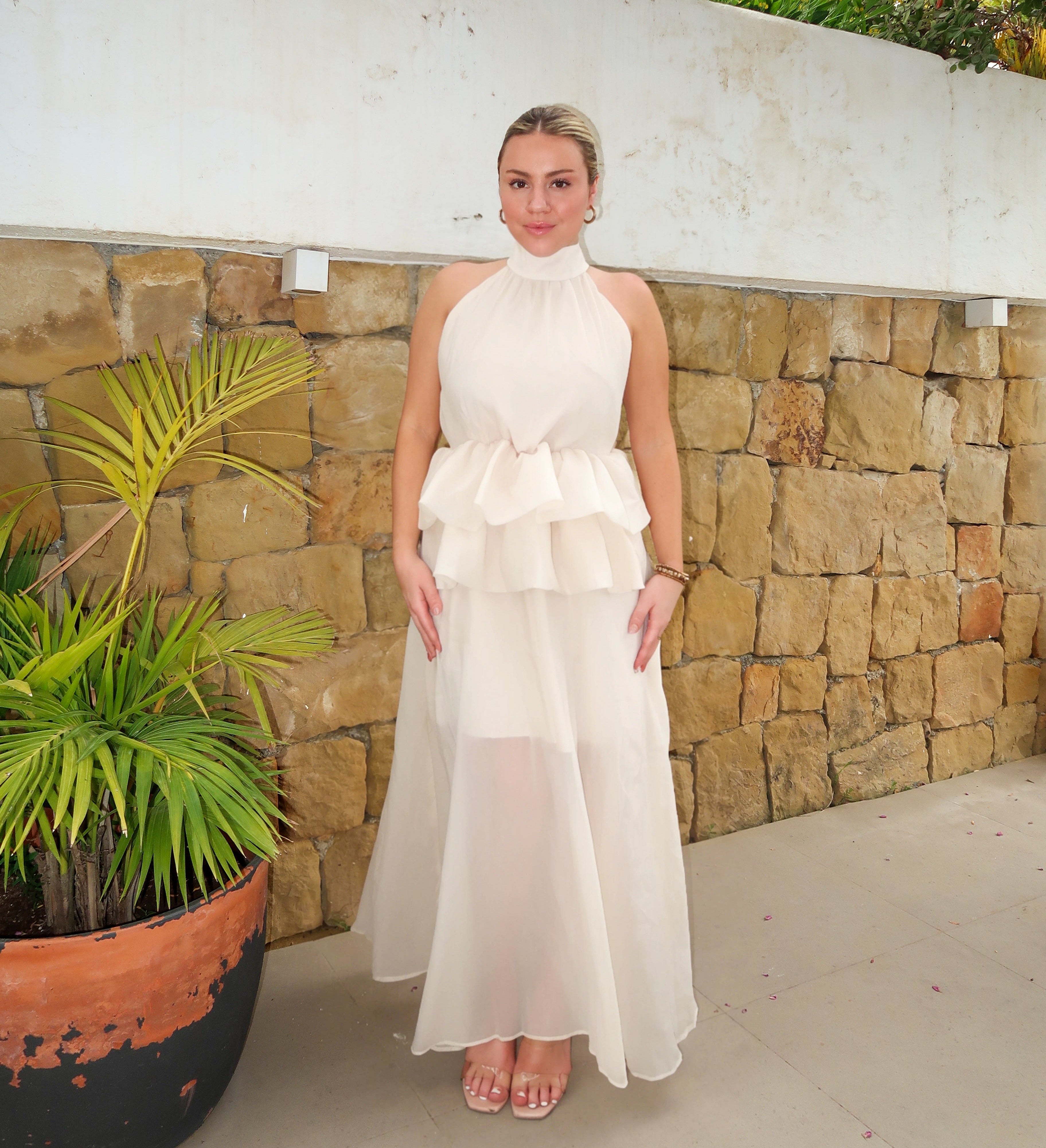 Ivory Halter Ruffle Maxi Dress – Sheer Chiffon Skirt & Peplum Waist