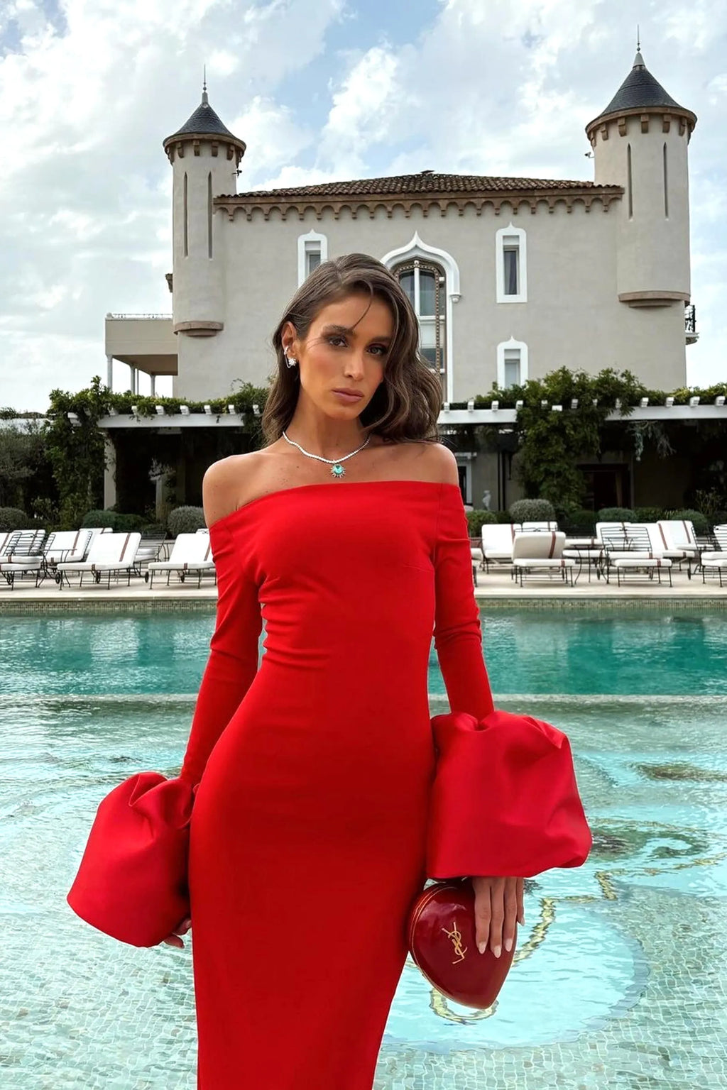 Luxury Off-Shoulder Red Gown with Statement Cuffs | Peach Motel