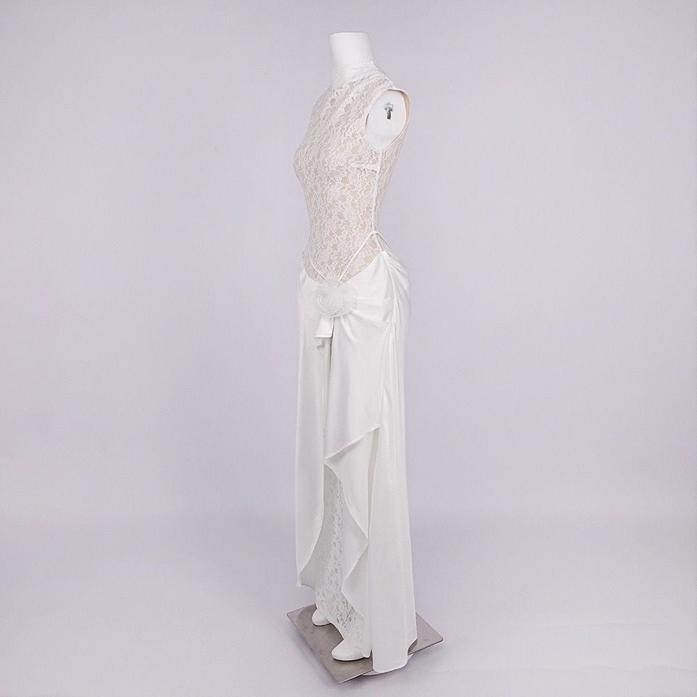 Ivory Lace Maxi Dress with Draped Overlay