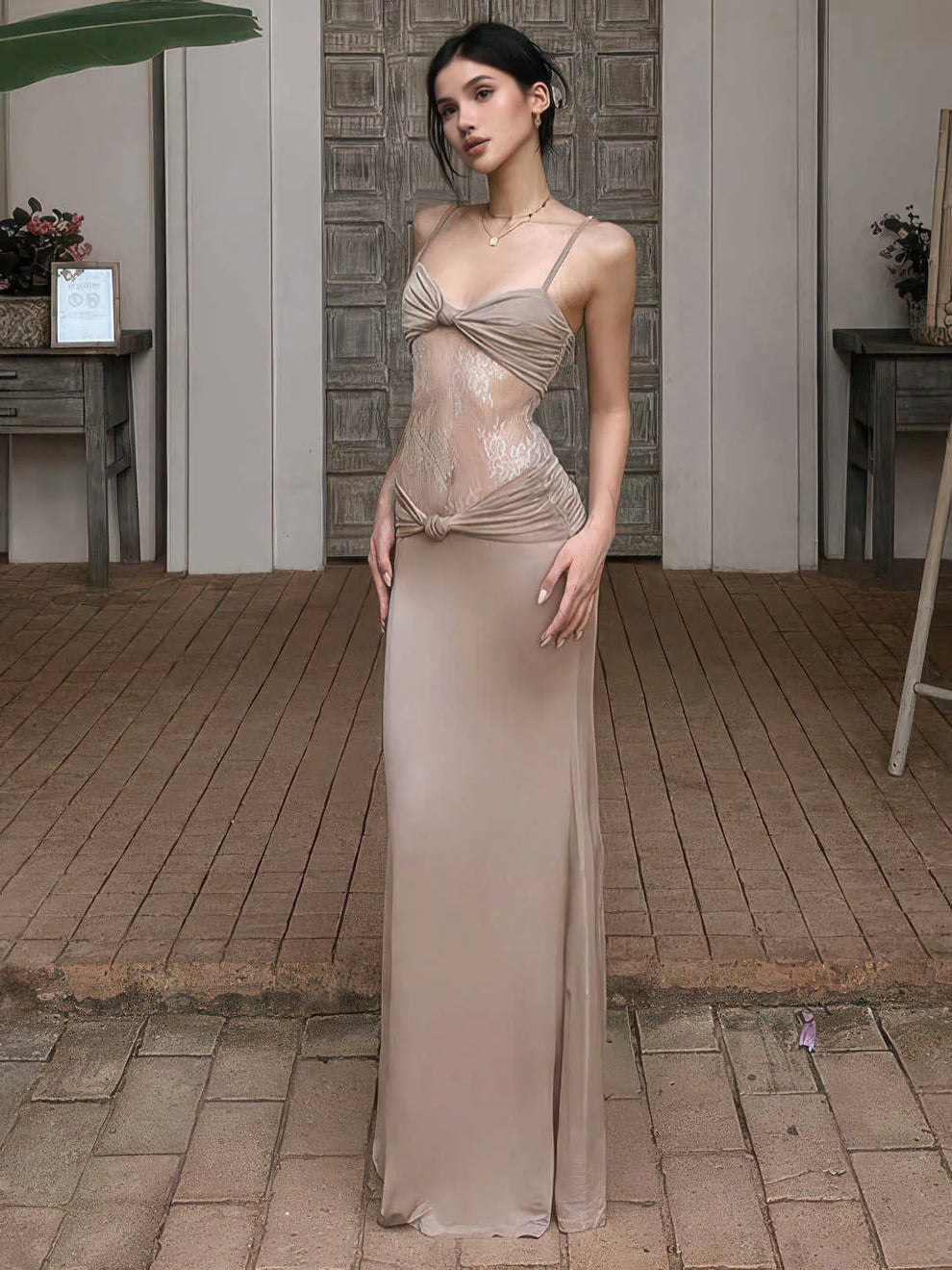 Sheer Elegance Maxi Dress – Nude