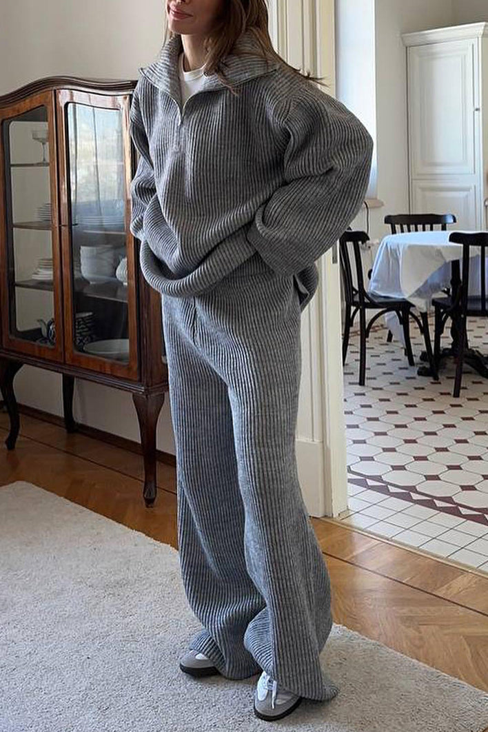 Cozy Ribbed Knit Loungewear Set – Wide Leg Pants & Half-Zip Sweater