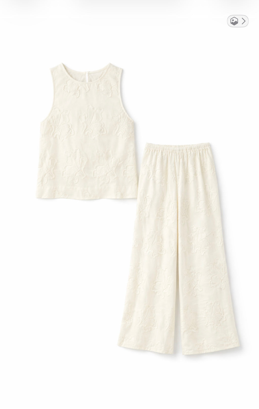 Ivory Embroidered Two Piece Set – Sleeveless Top & Wide Leg Pants Matching Set