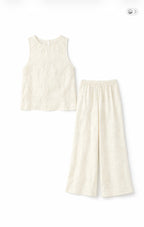 Ivory Embroidered Two Piece Set – Sleeveless Top & Wide Leg Pants Matching Set