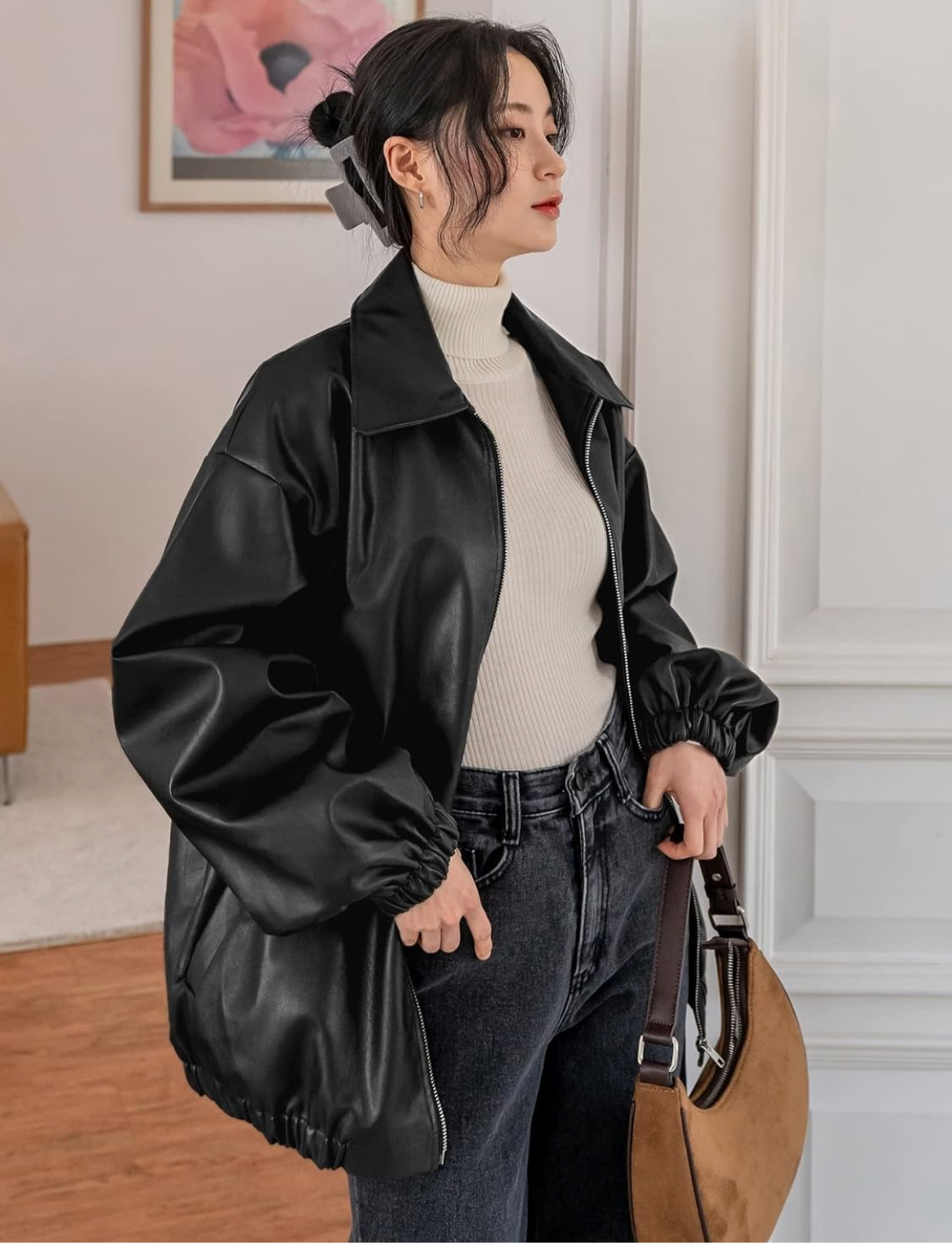 Oversized Faux Leather Bomber Jacket – Black Streetwear Layer