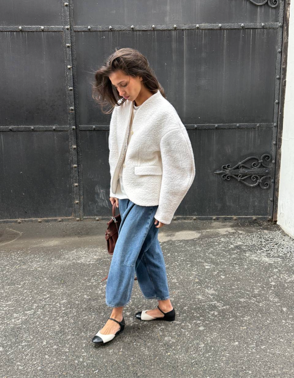 Cropped Wool-Blend Textured Jacket – Cream White