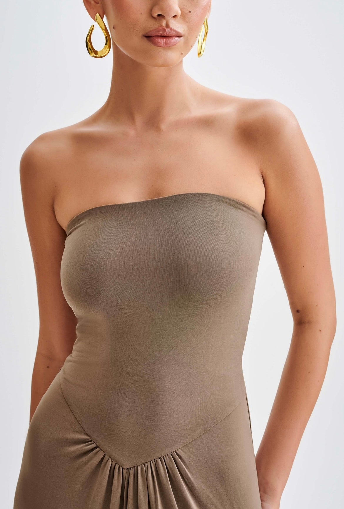Strapless Taupe Maxi Dress – Elegant Minimalist Evening Gown