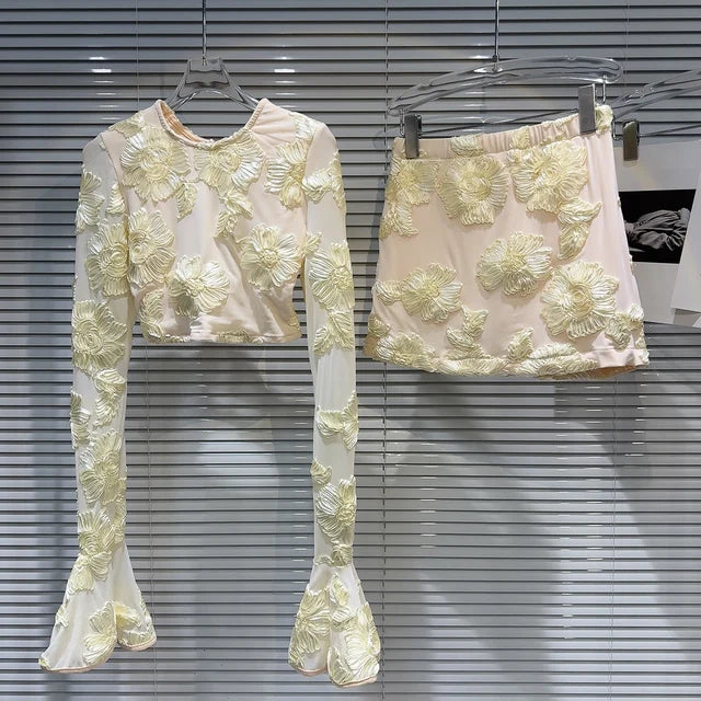 Cream Floral Appliqué Crop Top & Mini Skirt Set – Peach Motel