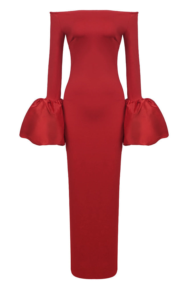 Luxury Off-Shoulder Red Gown with Statement Cuffs | Peach Motel