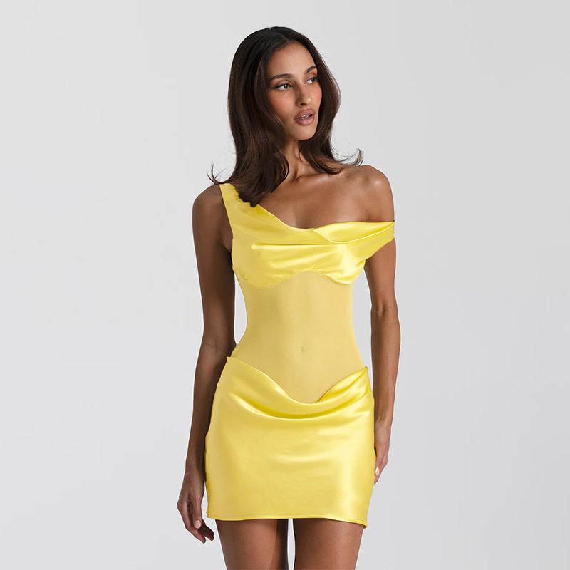 Yellow Satin Off-Shoulder Mini Dress – Summer Party & Cocktail Outfit